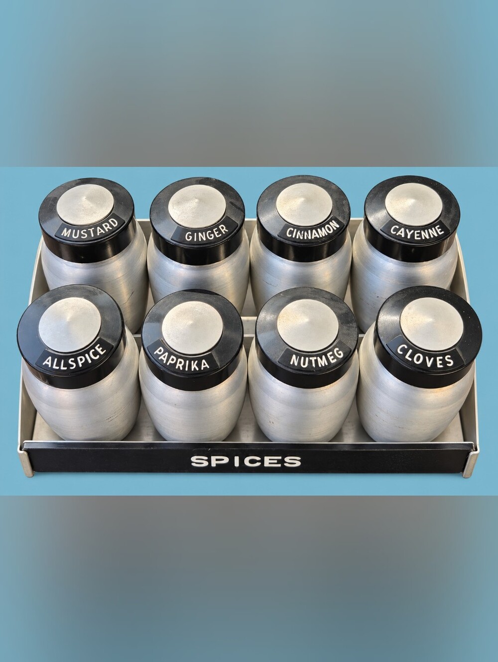 Vintage Kromex 8 Canister Aluminum Spice Rack Set MCM 1950s Complete